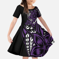 Polynesian Plumeria Floral Tattoo Pattern Family Matching Puletasi and Hawaiian Shirt Purple Style LT9 Daughter's Dress Purple - Polynesian Pride