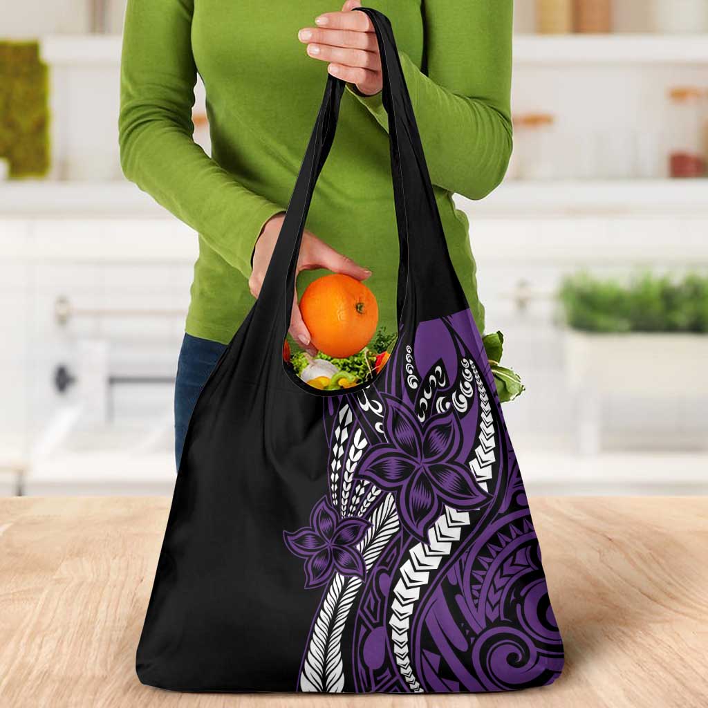 Polynesian Plumeria Floral Tattoo Pattern Grocery Bag Purple Style