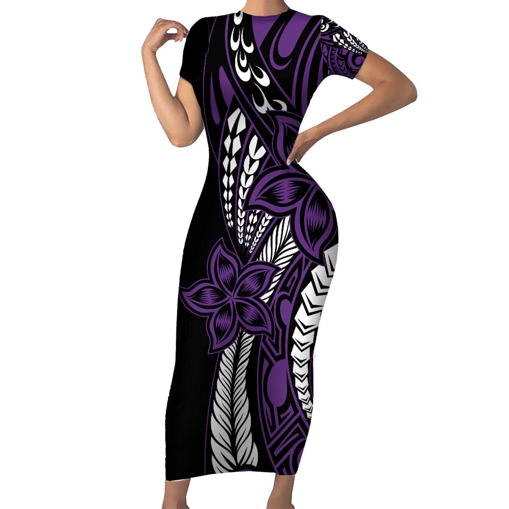 Polynesian Plumeria Floral Tattoo Pattern Short Sleeve Bodycon Dress Purple Style