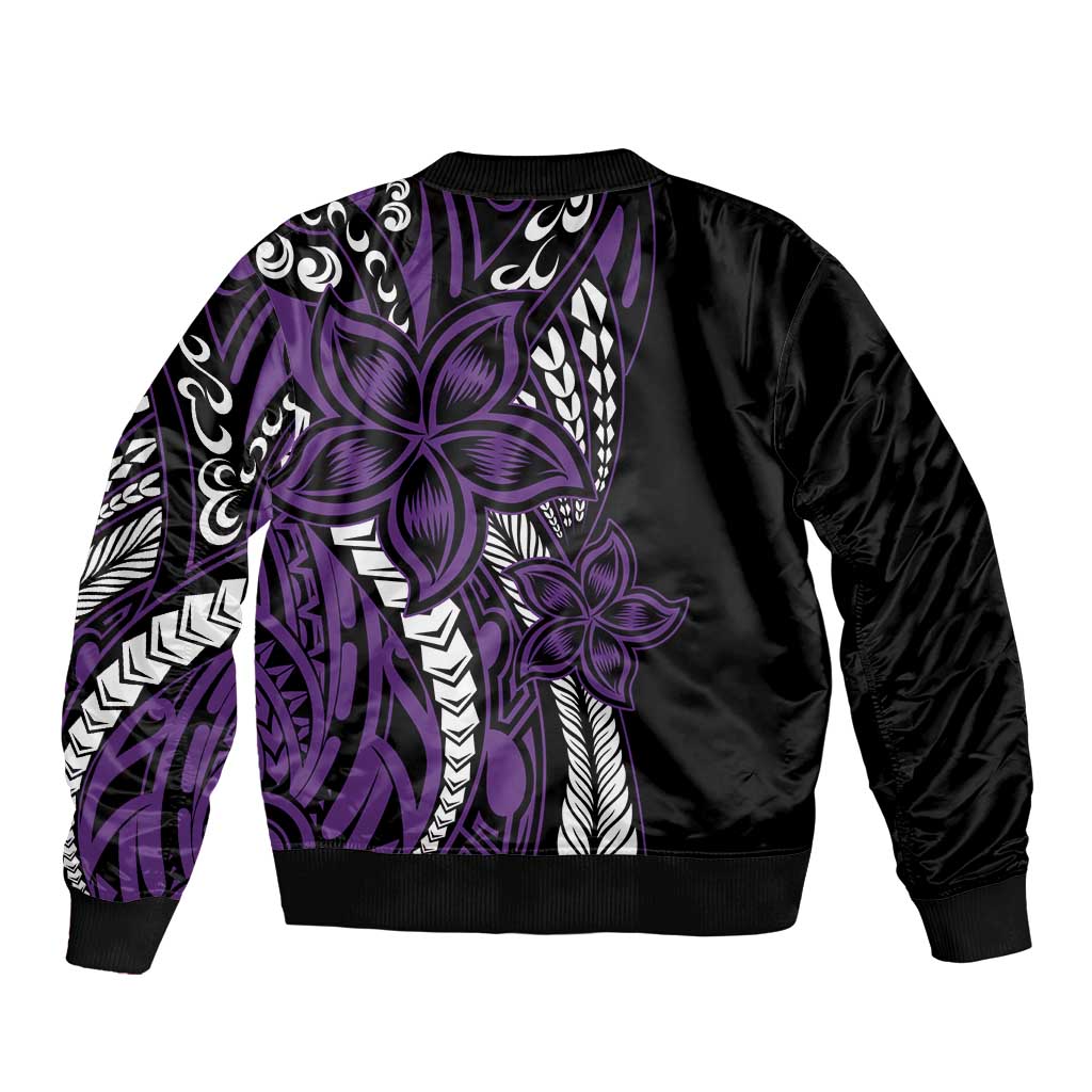 Polynesian Plumeria Floral Tattoo Pattern Sleeve Zip Bomber Jacket Purple Style