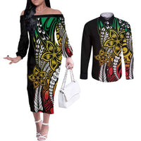 Polynesian Plumeria Floral Tattoo Pattern Couples Matching Off The Shoulder Long Sleeve Dress and Long Sleeve Button Shirt Reggae Style LT9 Reggae - Polynesian Pride