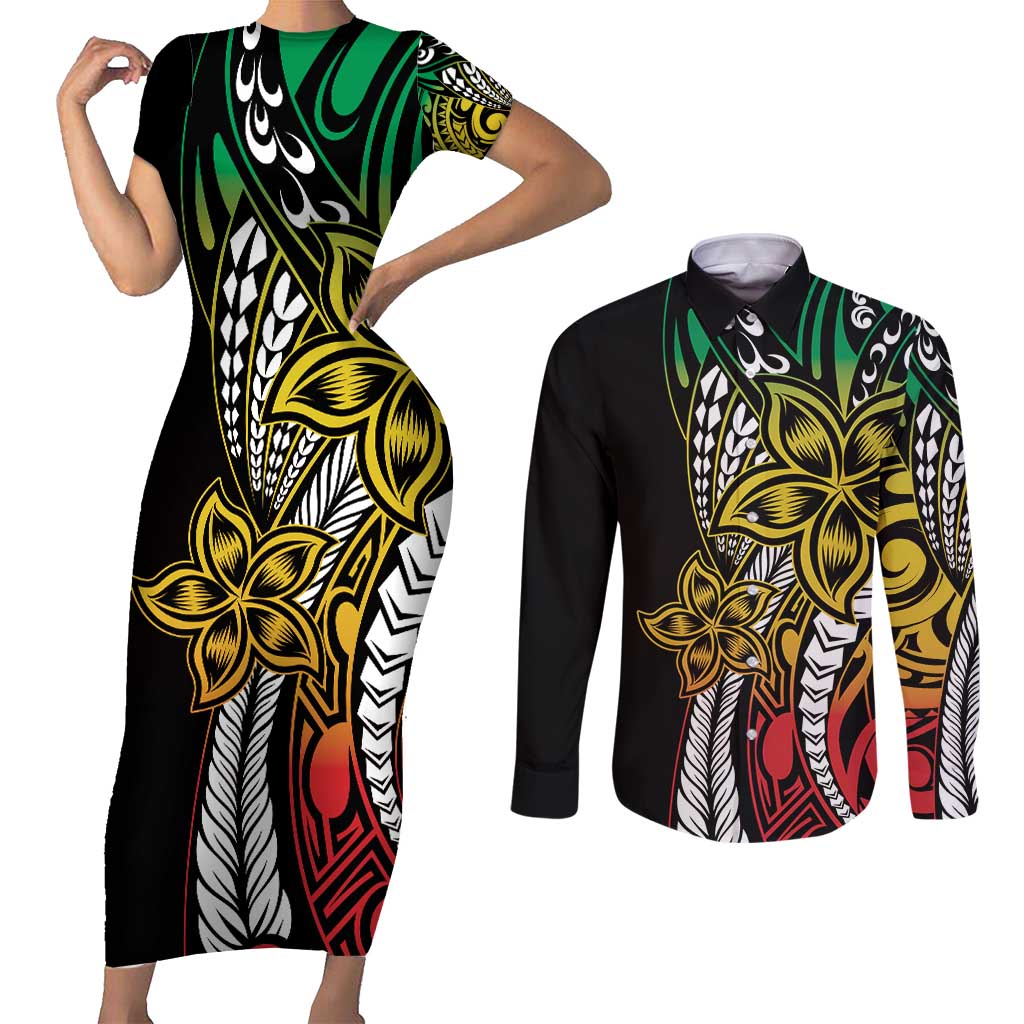 Polynesian Plumeria Floral Tattoo Pattern Couples Matching Short Sleeve Bodycon Dress and Long Sleeve Button Shirt Reggae Style LT9 Reggae - Polynesian Pride