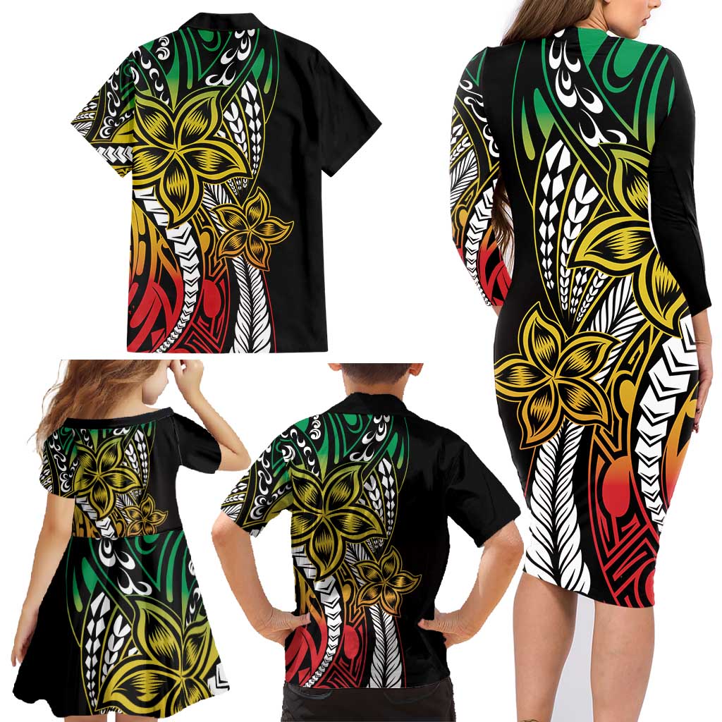 Polynesian Plumeria Floral Tattoo Pattern Family Matching Long Sleeve Bodycon Dress and Hawaiian Shirt Reggae Style
