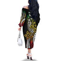 Polynesian Plumeria Floral Tattoo Pattern Family Matching Off The Shoulder Long Sleeve Dress and Hawaiian Shirt Reggae Style