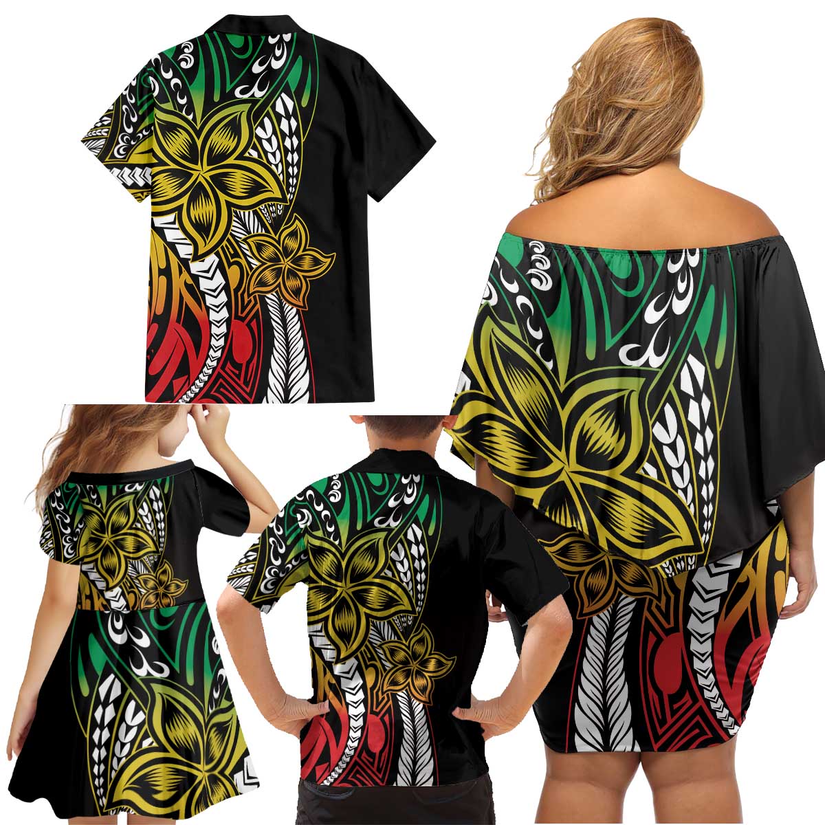 Polynesian Plumeria Floral Tattoo Pattern Family Matching Off Shoulder Short Dress and Hawaiian Shirt Reggae Style LT9 - Polynesian Pride