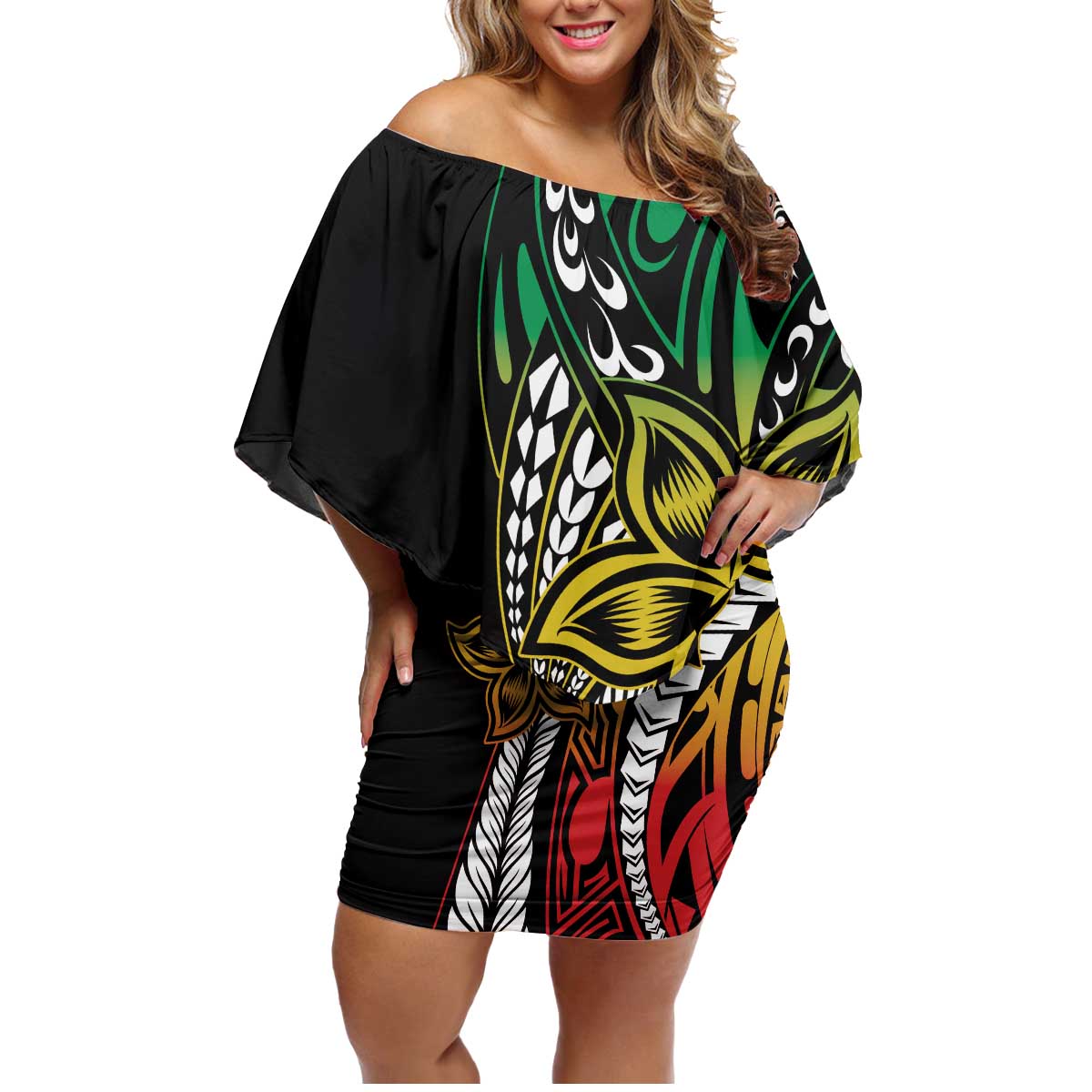 Polynesian Plumeria Floral Tattoo Pattern Family Matching Off Shoulder Short Dress and Hawaiian Shirt Reggae Style LT9 Mom's Dress Reggae - Polynesian Pride