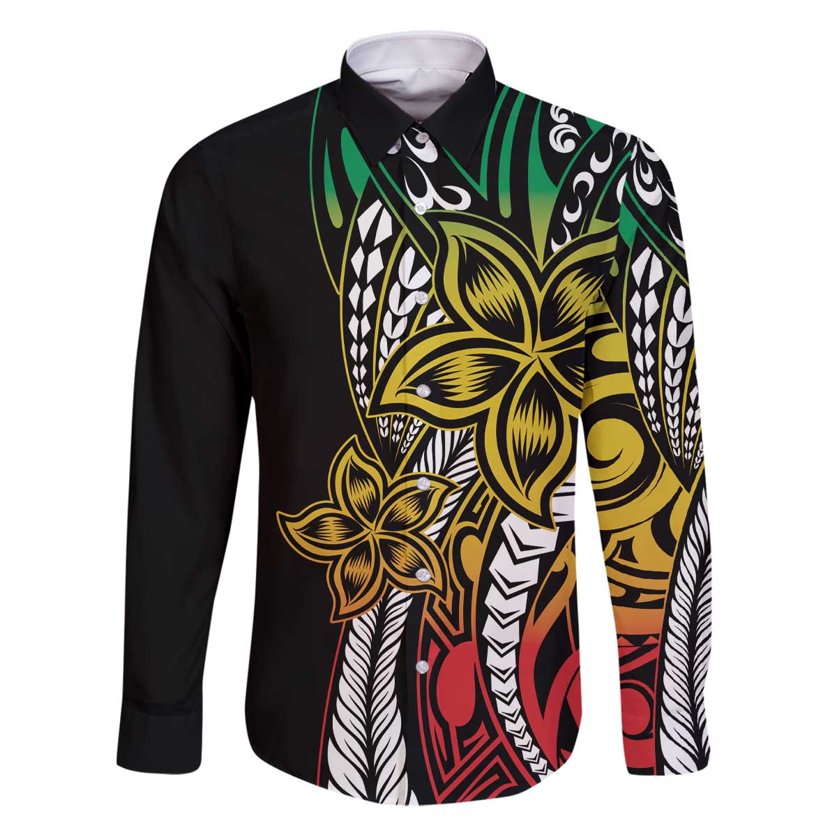 Polynesian Plumeria Floral Tattoo Pattern Family Matching Puletasi and Hawaiian Shirt Reggae Style LT9 Dad's Shirt - Long Sleeve Reggae - Polynesian Pride
