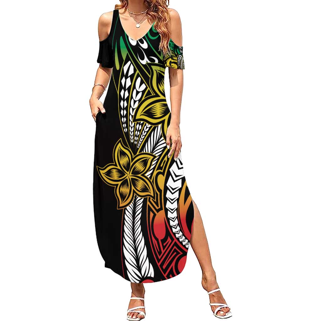 Polynesian Plumeria Floral Tattoo Pattern Family Matching Summer Maxi Dress and Hawaiian Shirt Reggae Style LT9 Mom's Dress Reggae - Polynesian Pride