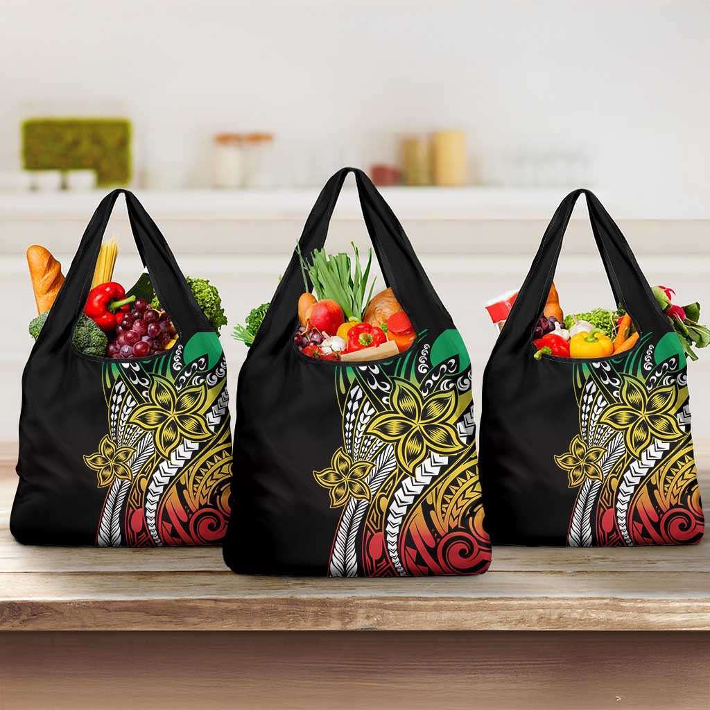 Polynesian Plumeria Floral Tattoo Pattern Grocery Bag Reggae Style