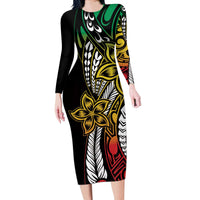 Polynesian Plumeria Floral Tattoo Pattern Long Sleeve Bodycon Dress Reggae Style