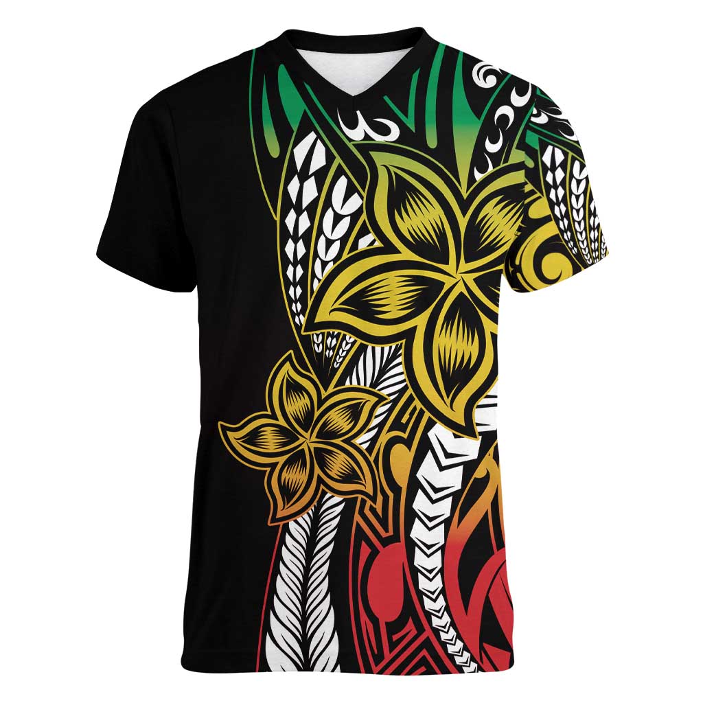 Polynesian Plumeria Floral Tattoo Pattern Women V-Neck T-Shirt Reggae Style LT9 Female Reggae - Polynesian Pride