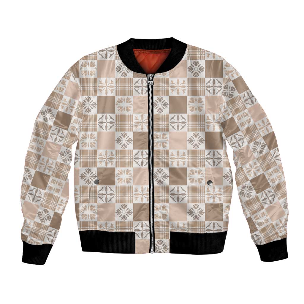 Hawaiian Palaka Quilt Pattern Bomber Jacket Hawaii Culture Bird of Paradise Exotic Motif LT9 Unisex Beige - Polynesian Pride