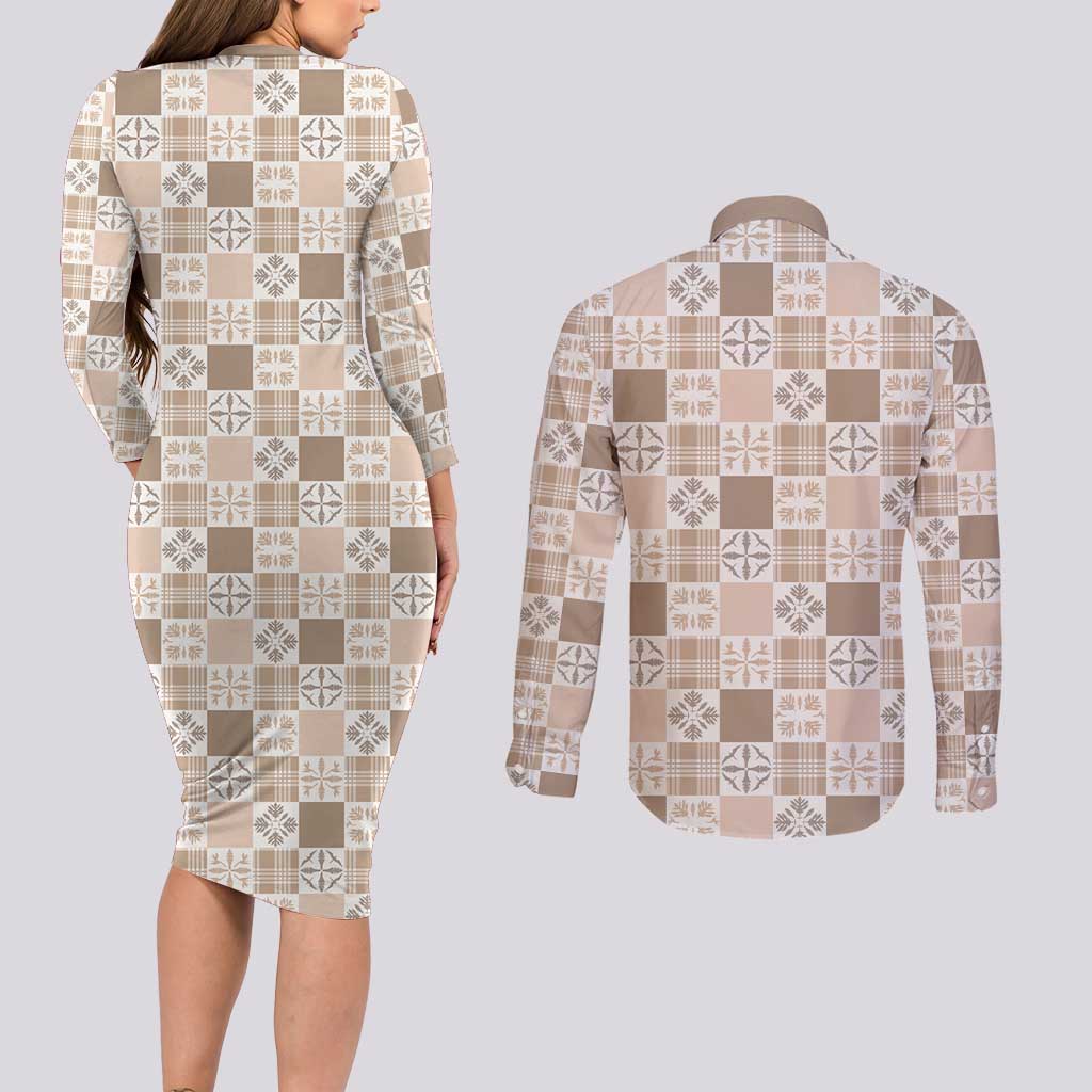 Hawaiian Palaka Quilt Pattern Couples Matching Long Sleeve Bodycon Dress and Long Sleeve Button Shirt Hawaii Culture Bird of Paradise Exotic Motif - Polynesian Pride