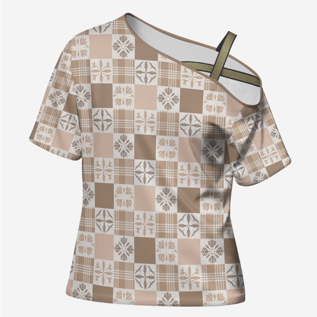 Hawaiian Palaka Quilt Pattern Cross Shoulder Shirt Hawaii Culture Bird of Paradise Exotic Motif LT9 Female Beige - Polynesian Pride