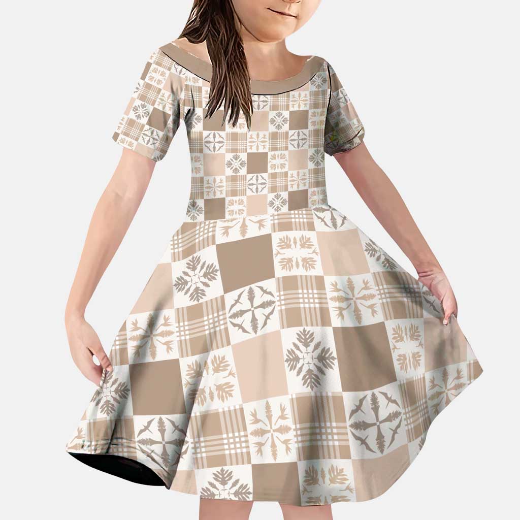 Hawaiian Palaka Quilt Pattern Family Matching Puletasi and Hawaiian Shirt Hawaii Culture Bird of Paradise Exotic Motif LT9 Daughter's Dress Beige - Polynesian Pride