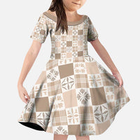 Hawaiian Palaka Quilt Pattern Family Matching Puletasi and Hawaiian Shirt Hawaii Culture Bird of Paradise Exotic Motif LT9 Daughter's Dress Beige - Polynesian Pride