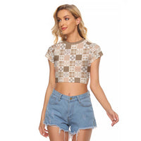 Hawaiian Palaka Quilt Pattern Raglan Cropped T Shirt Hawaii Culture Bird of Paradise Exotic Motif LT9 Female Beige - Polynesian Pride