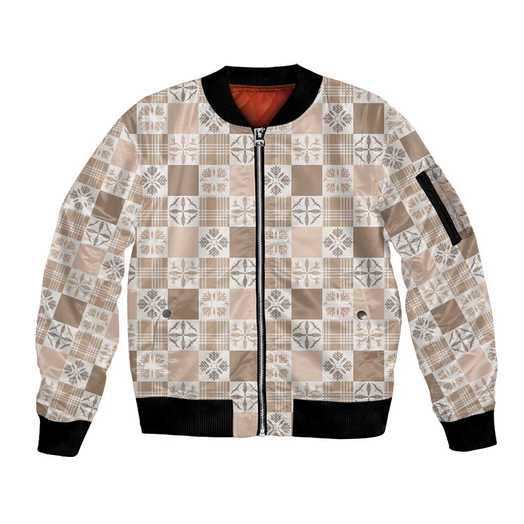 Hawaiian Palaka Quilt Pattern Sleeve Zip Bomber Jacket Hawaii Culture Bird of Paradise Exotic Motif LT9 Unisex Beige - Polynesian Pride