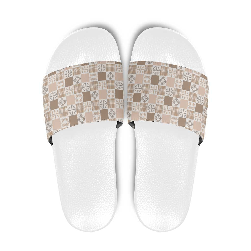 Hawaiian Palaka Quilt Pattern Slide Sandals Hawaii Culture Bird of Paradise Exotic Motif LT9 Beige - Polynesian Pride