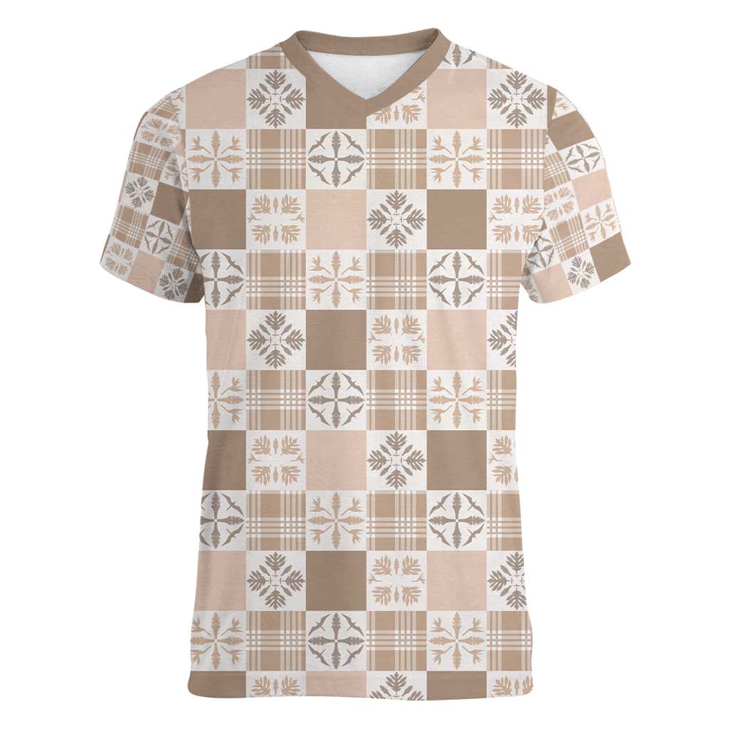 Hawaiian Palaka Quilt Pattern Women V-Neck T-Shirt Hawaii Culture Bird of Paradise Exotic Motif LT9 Female Beige - Polynesian Pride