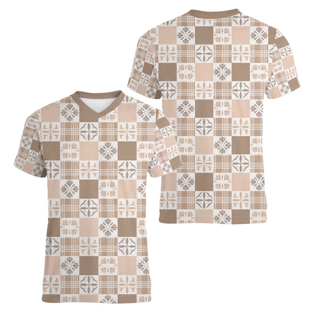 Hawaiian Palaka Quilt Pattern Women V-Neck T-Shirt Hawaii Culture Bird of Paradise Exotic Motif LT9 - Polynesian Pride