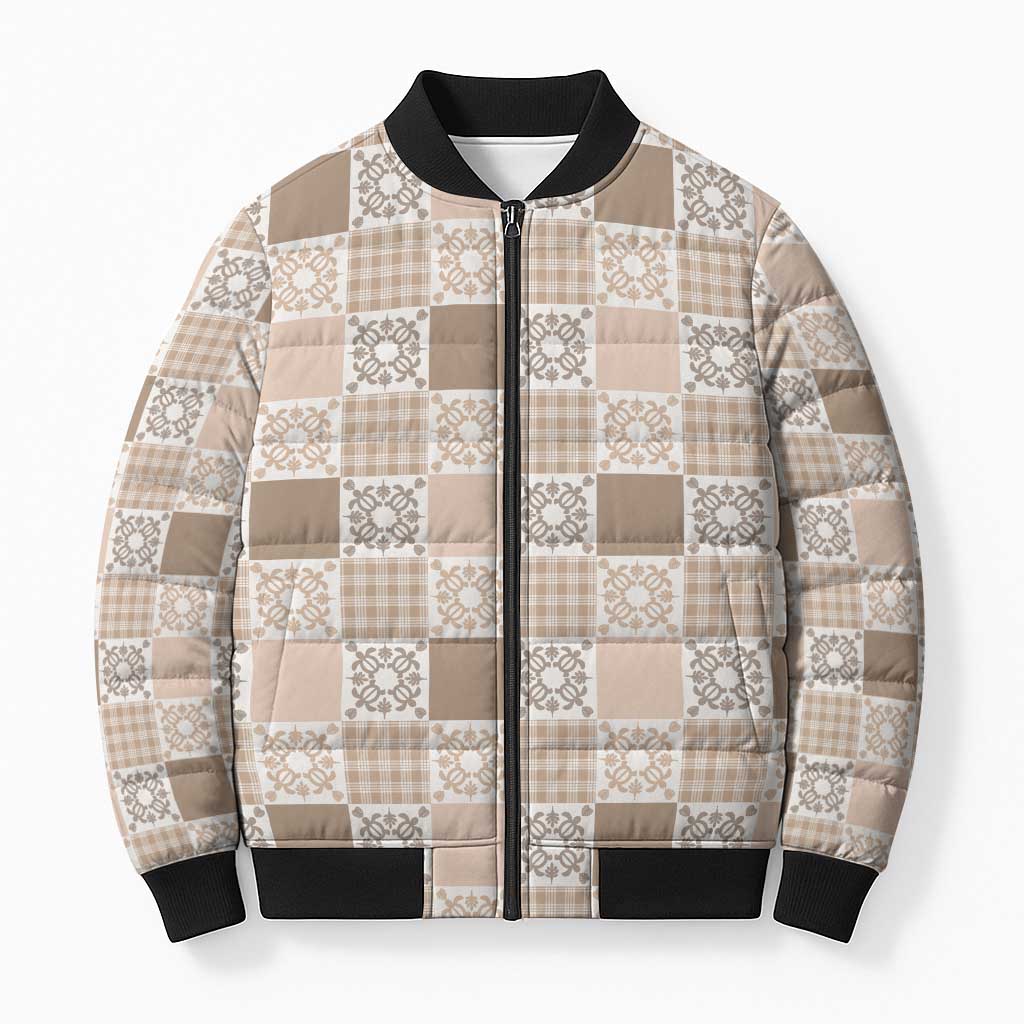 Hawaiian Palaka Quilt Pattern Bomber Puffer Jacket Hawaii Culture Honu Turtle LT9 Unisex Beige - Polynesian Pride