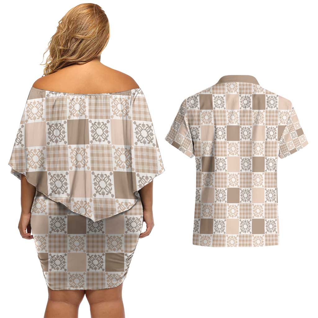 Hawaiian Palaka Quilt Pattern Couples Matching Off Shoulder Short Dress and Hawaiian Shirt Hawaii Culture Honu Turtle - Polynesian Pride