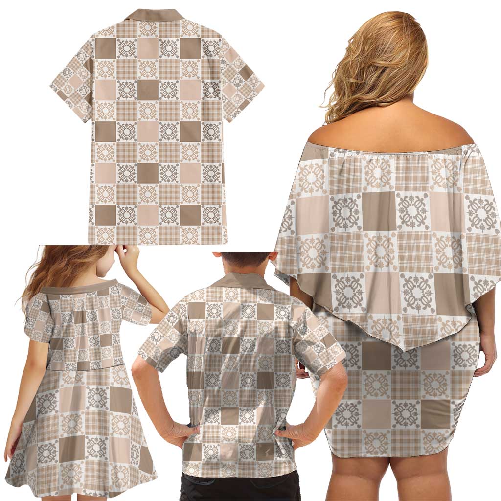 Hawaiian Palaka Quilt Pattern Family Matching Off Shoulder Short Dress and Hawaiian Shirt Hawaii Culture Honu Turtle - Polynesian Pride