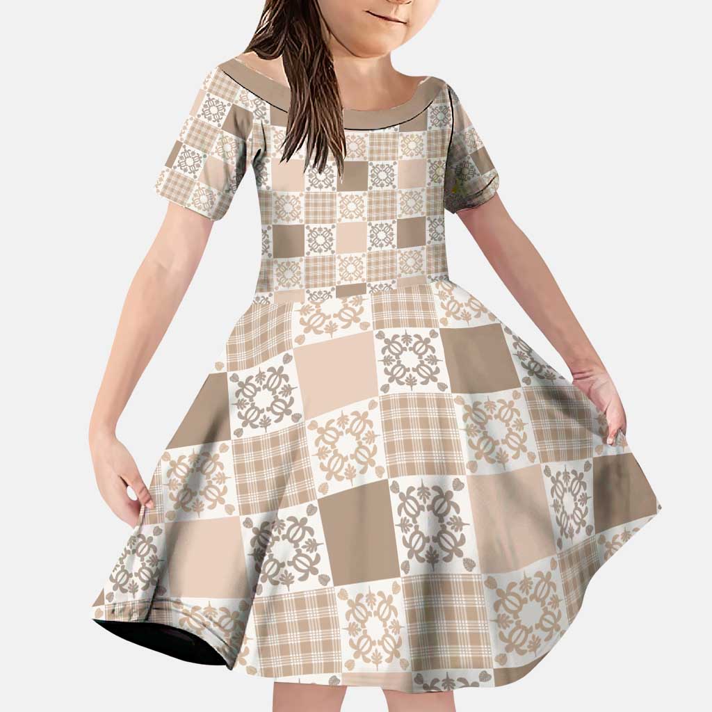 Hawaiian Palaka Quilt Pattern Family Matching Puletasi and Hawaiian Shirt Hawaii Culture Honu Turtle LT9 Daughter's Dress Beige - Polynesian Pride