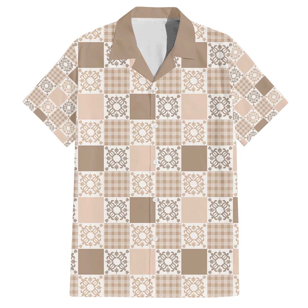 Hawaiian Palaka Quilt Pattern Family Matching Puletasi and Hawaiian Shirt Hawaii Culture Honu Turtle LT9 Dad's Shirt - Short Sleeve Beige - Polynesian Pride