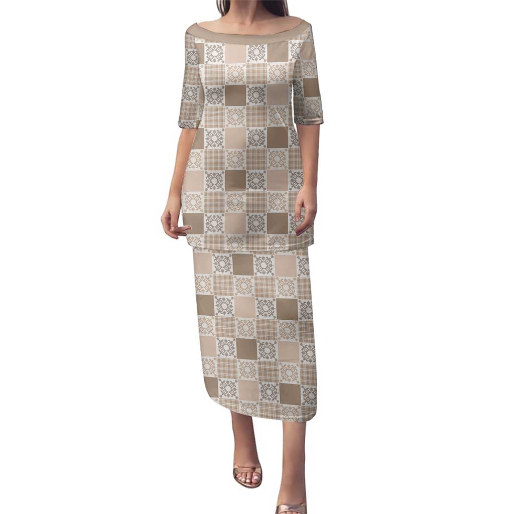 Hawaiian Palaka Quilt Pattern Family Matching Puletasi and Hawaiian Shirt Hawaii Culture Honu Turtle LT9 Mom's Dress Beige - Polynesian Pride