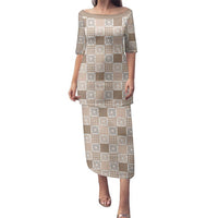 Hawaiian Palaka Quilt Pattern Family Matching Puletasi and Hawaiian Shirt Hawaii Culture Honu Turtle LT9 Mom's Dress Beige - Polynesian Pride