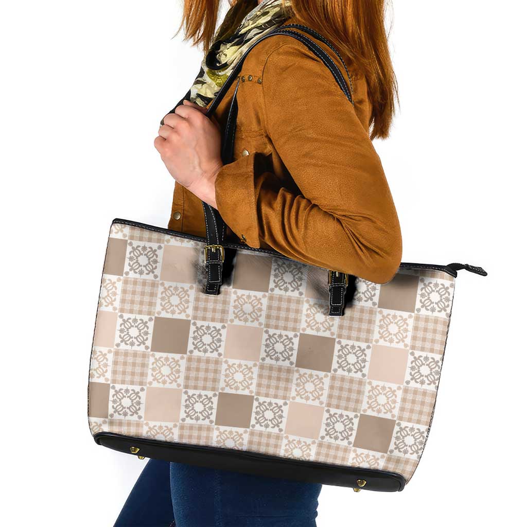 Hawaiian Palaka Quilt Pattern Leather Tote Bag Hawaii Culture Honu Turtle LT9 Beige - Polynesian Pride