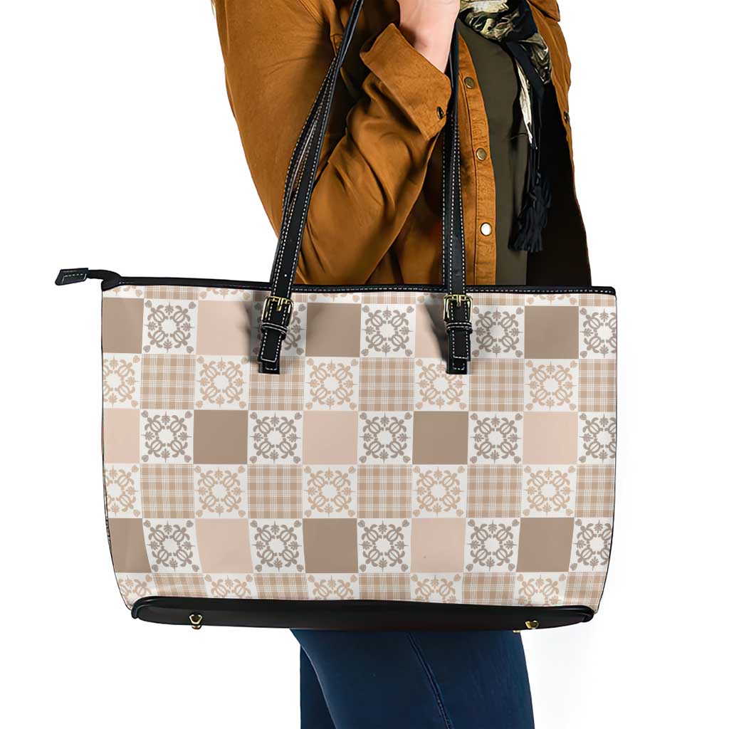 Hawaiian Palaka Quilt Pattern Leather Tote Bag Hawaii Culture Honu Turtle - Polynesian Pride