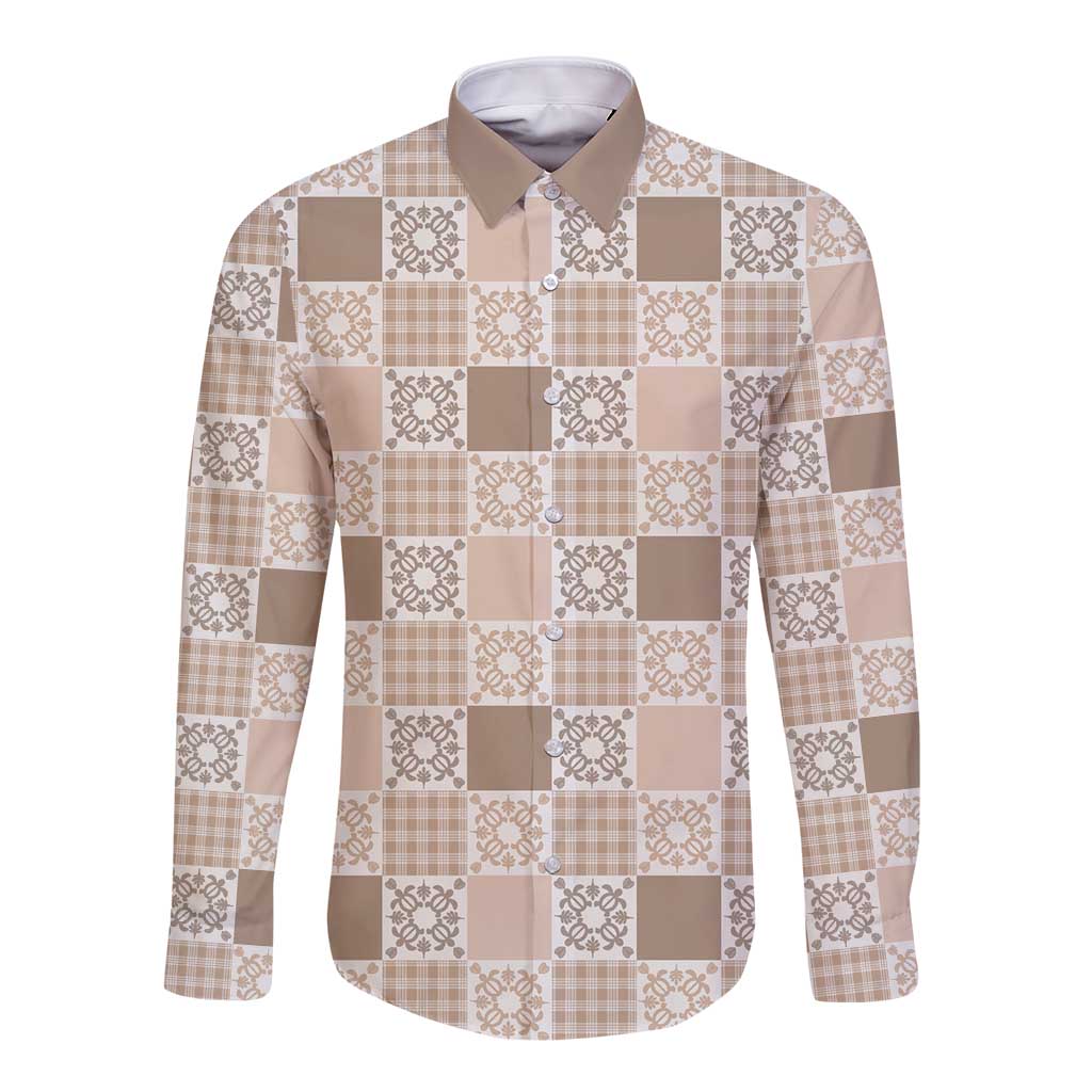 Hawaiian Palaka Quilt Pattern Long Sleeve Button Shirt Hawaii Culture Honu Turtle LT9 Unisex Beige - Polynesian Pride