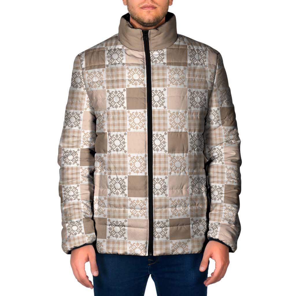 Hawaiian Palaka Quilt Pattern Padded Jacket Hawaii Culture Honu Turtle LT9 Men Beige - Polynesian Pride