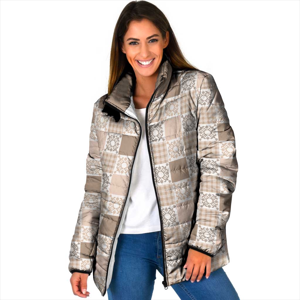 Hawaiian Palaka Quilt Pattern Padded Jacket Hawaii Culture Honu Turtle LT9 Women Beige - Polynesian Pride