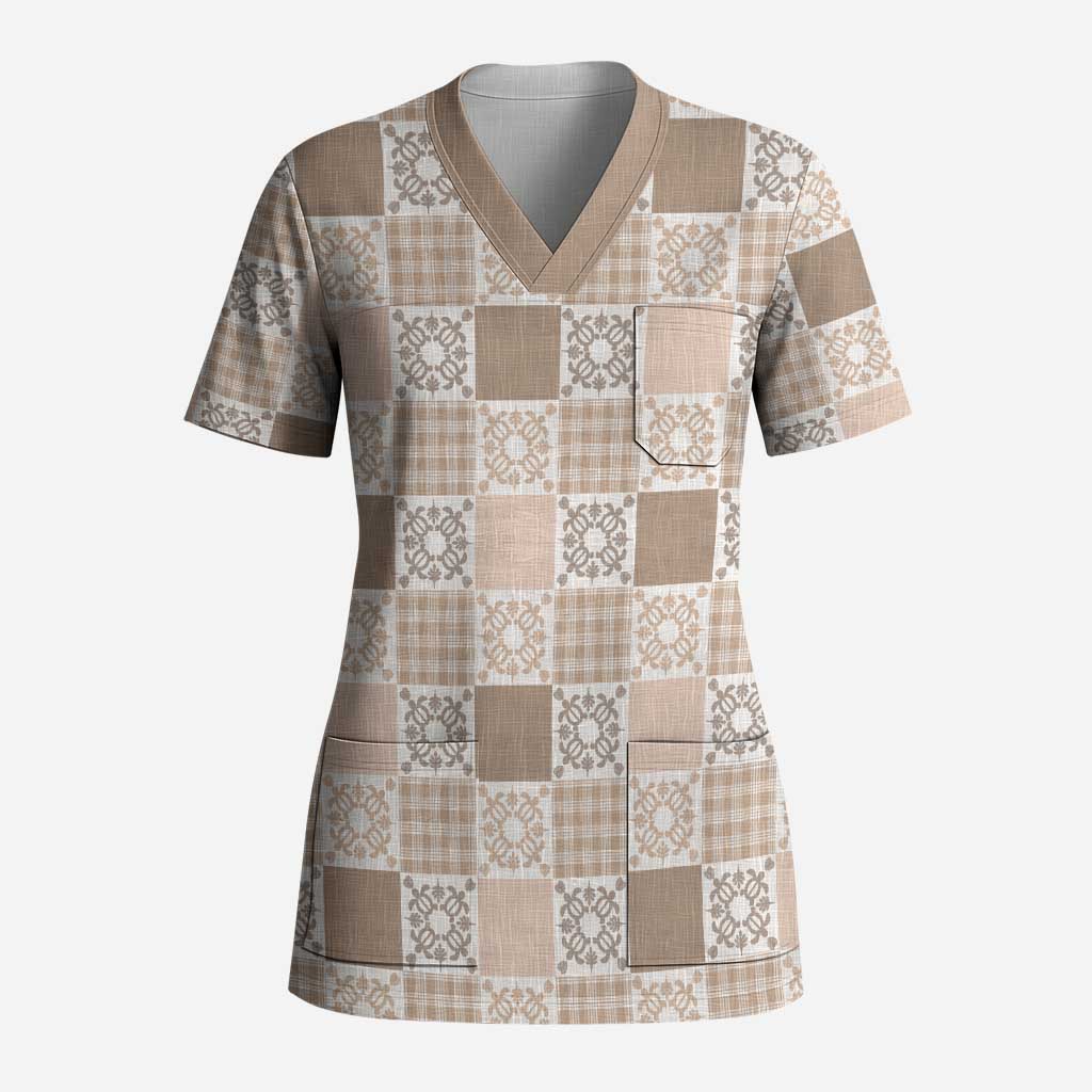 Hawaiian Palaka Quilt Pattern Scrub Top Hawaii Culture Honu Turtle - Polynesian Pride