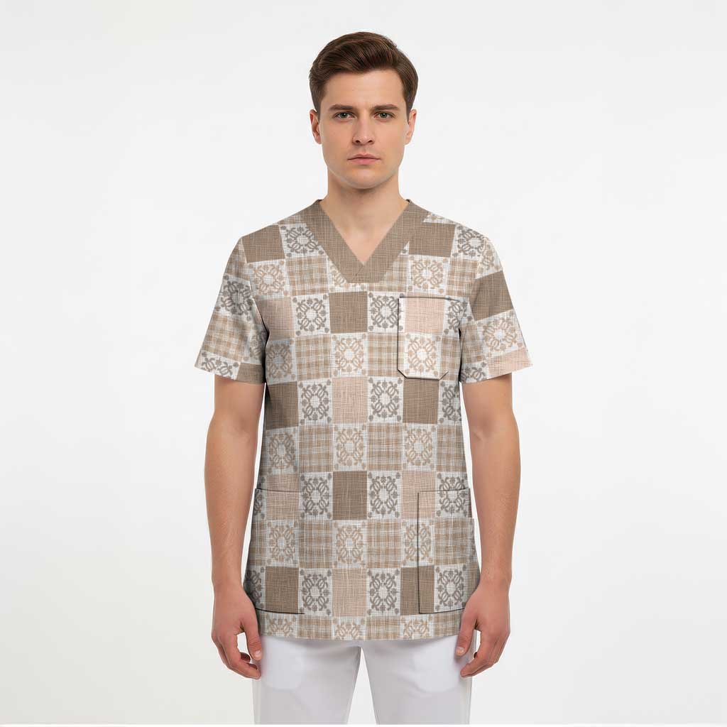 Hawaiian Palaka Quilt Pattern Scrub Top Hawaii Culture Honu Turtle - Polynesian Pride