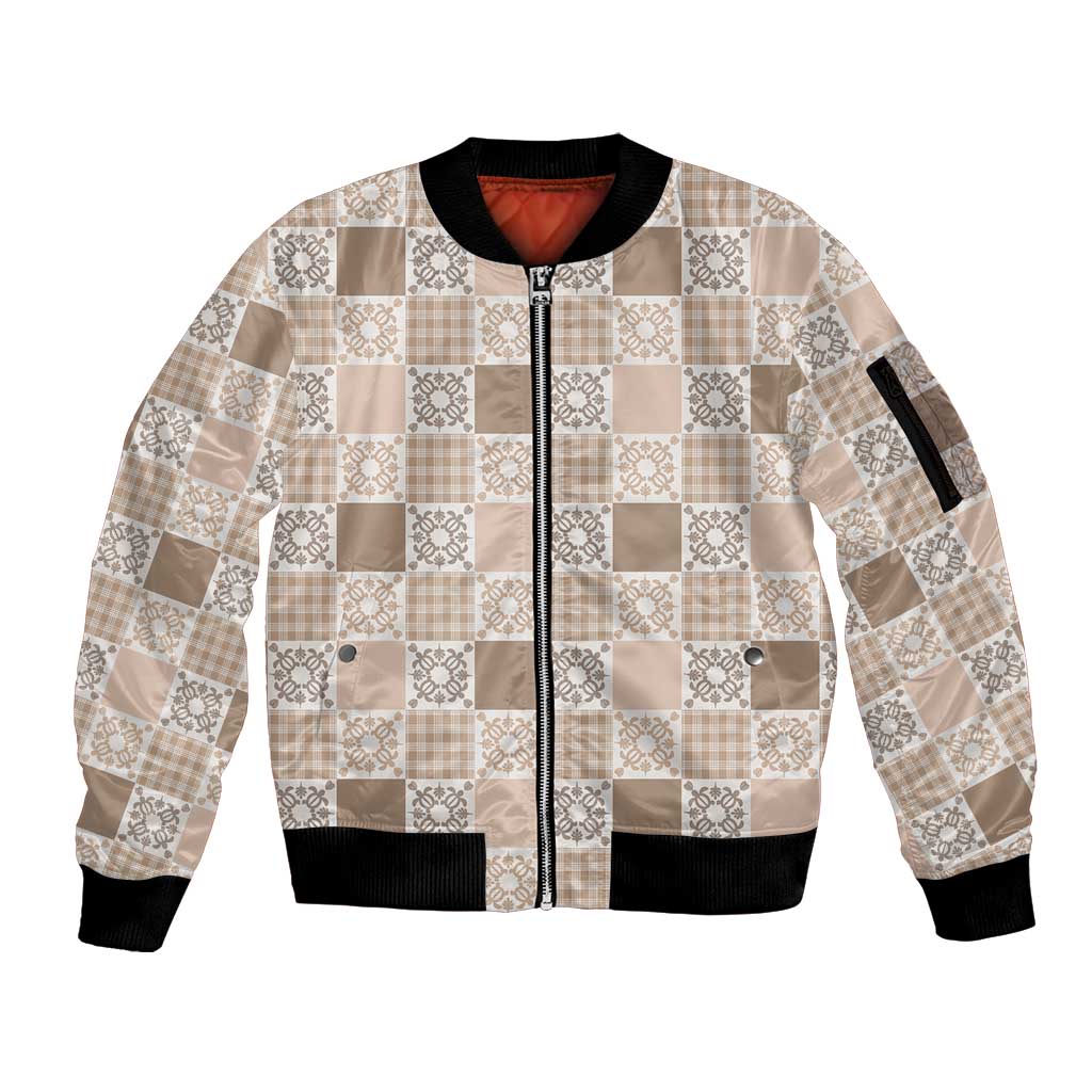 Hawaiian Palaka Quilt Pattern Sleeve Zip Bomber Jacket Hawaii Culture Honu Turtle LT9 Unisex Beige - Polynesian Pride
