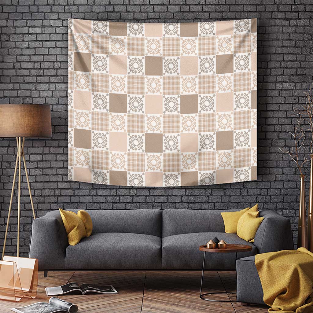 Hawaiian Palaka Quilt Pattern Tapestry Hawaii Culture Honu Turtle LT9 Beige - Polynesian Pride