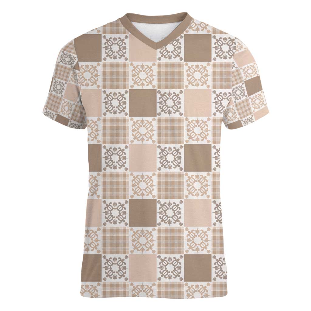 Hawaiian Palaka Quilt Pattern Women V-Neck T-Shirt Hawaii Culture Honu Turtle LT9 Female Beige - Polynesian Pride