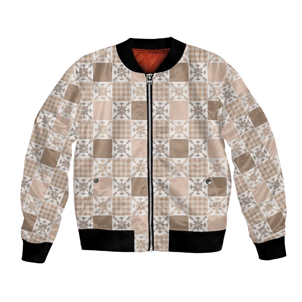 Hawaiian Palaka Quilt Pattern Bomber Jacket Hawaii Culture Pineapple LT9 Unisex Beige - Polynesian Pride