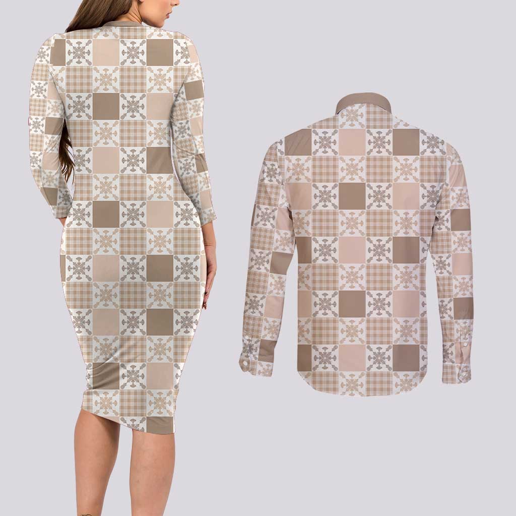 Hawaiian Palaka Quilt Pattern Couples Matching Long Sleeve Bodycon Dress and Long Sleeve Button Shirt Hawaii Culture Pineapple - Polynesian Pride