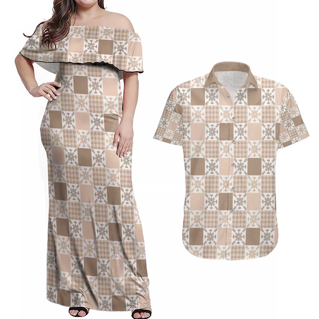 Hawaiian Palaka Quilt Pattern Couples Matching Off Shoulder Maxi Dress and Hawaiian Shirt Hawaii Culture Pineapple - Polynesian Pride