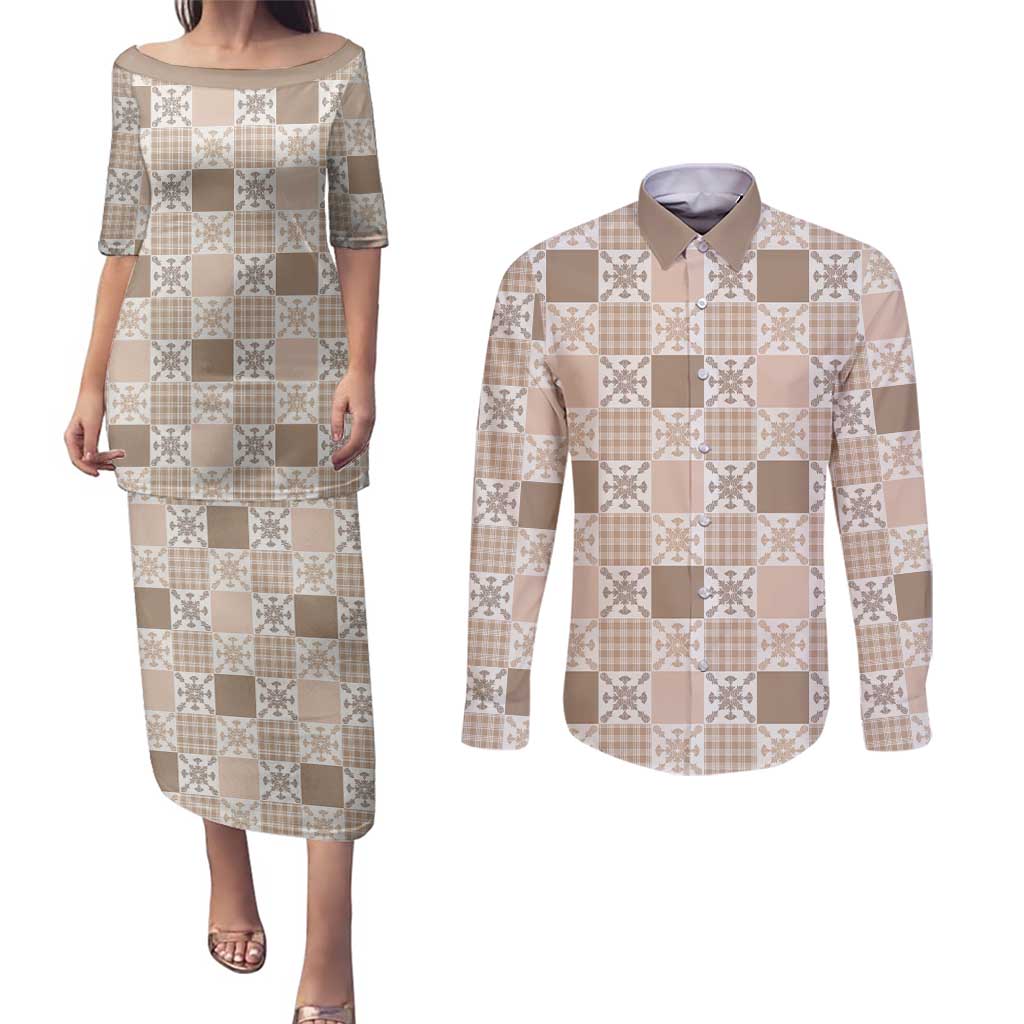 Hawaiian Palaka Quilt Pattern Couples Matching Puletasi and Long Sleeve Button Shirt Hawaii Culture Pineapple LT9 Beige - Polynesian Pride