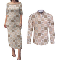 Hawaiian Palaka Quilt Pattern Couples Matching Puletasi and Long Sleeve Button Shirt Hawaii Culture Pineapple LT9 Beige - Polynesian Pride