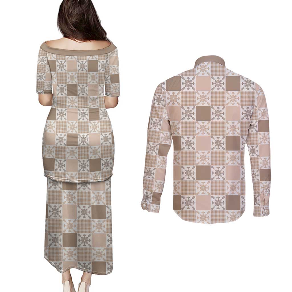 Hawaiian Palaka Quilt Pattern Couples Matching Puletasi and Long Sleeve Button Shirt Hawaii Culture Pineapple LT9 - Polynesian Pride