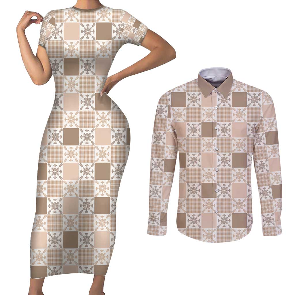 Hawaiian Palaka Quilt Pattern Couples Matching Short Sleeve Bodycon Dress and Long Sleeve Button Shirt Hawaii Culture Pineapple - Polynesian Pride