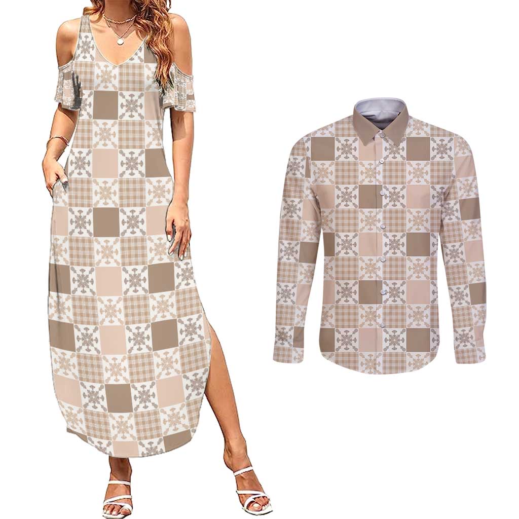 Hawaiian Palaka Quilt Pattern Couples Matching Summer Maxi Dress and Long Sleeve Button Shirt Hawaii Culture Pineapple - Polynesian Pride